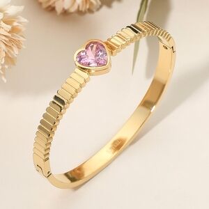 Pink Gold Stainless Steel Heart Bangle Bracelet Jewelry Stone Hinged